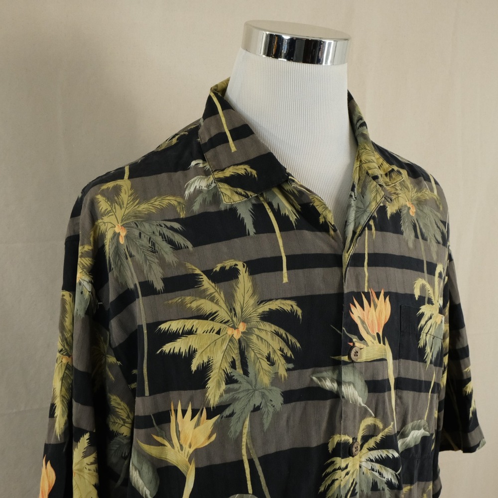 Tommy Bahama XL Silk Hawaiian Aloha Shirt Black Striped Floral Palms Camp Mens